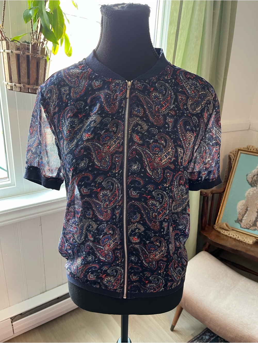 Women’s Vintage Y2K Navy Paisley Sheer Zip Cardigan Jacket S